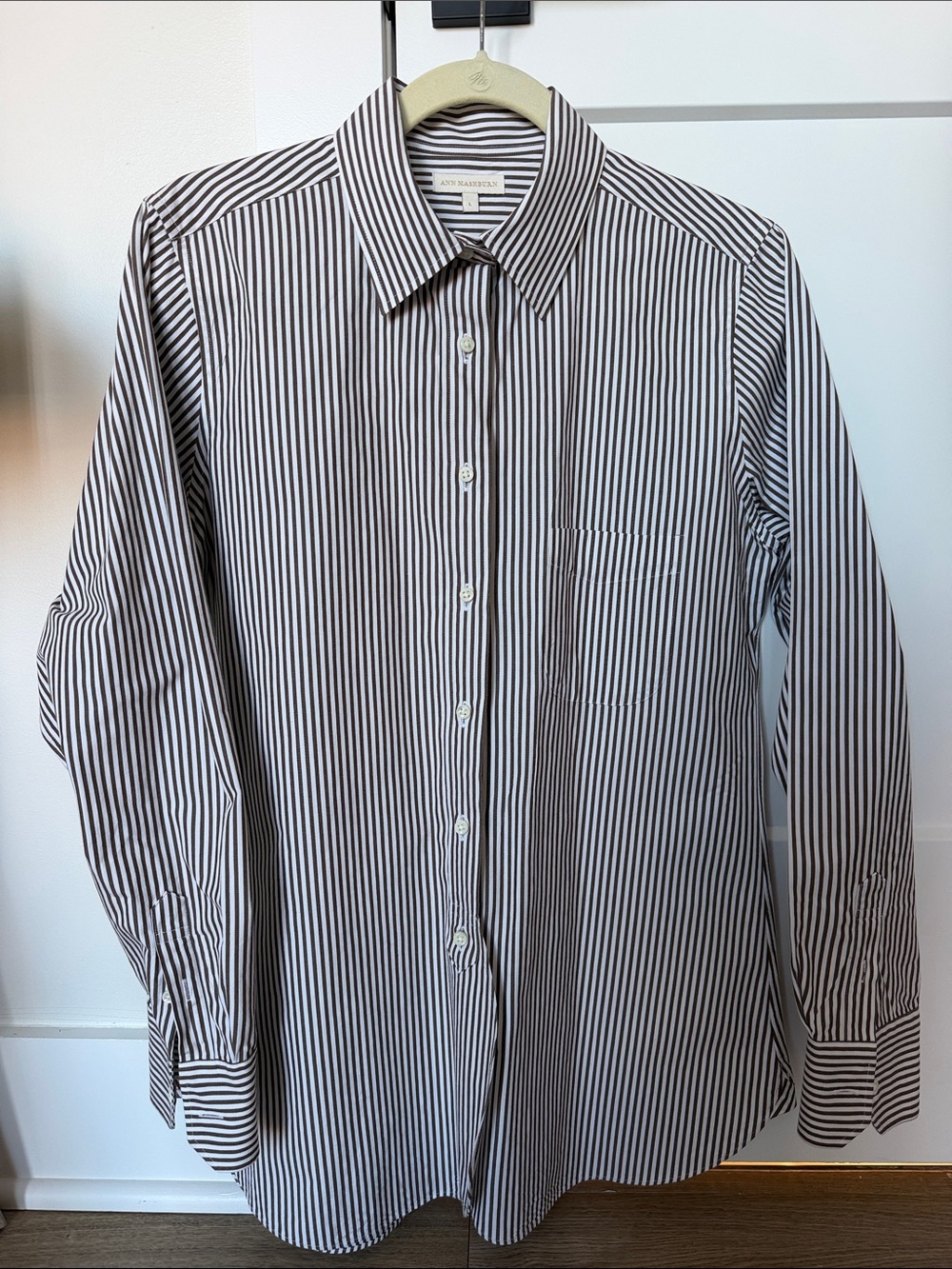 ANN MASHBURN Brownish Gray and White Vertical Stripe Button-Down Shirt
